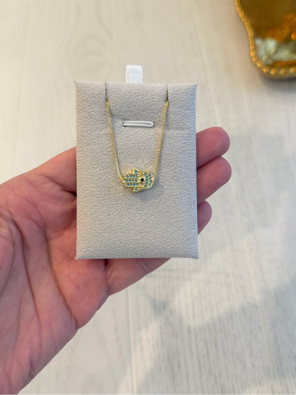 Gold Hamsa Pendant Necklace with Blue Gem Accents, 18k gold plated necklace